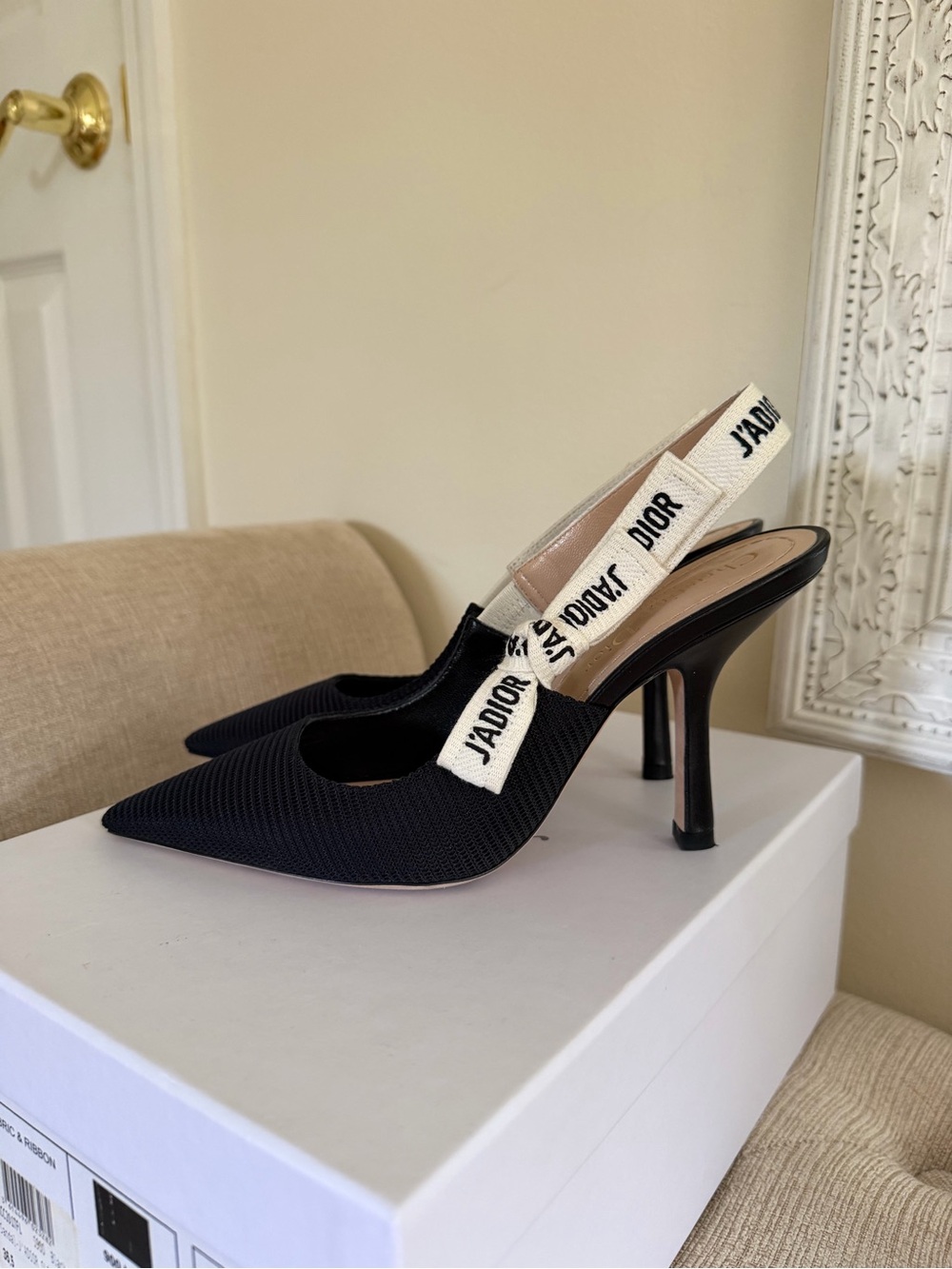 Dior Black Pointed Slingback Heels with White J'Adior Strap